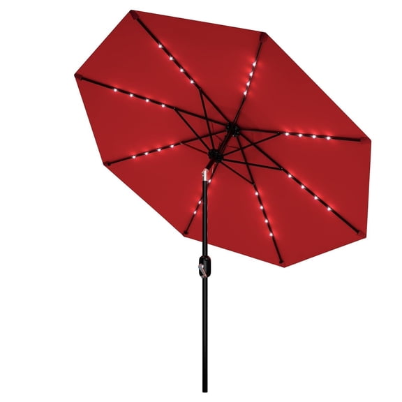9 FT Patio Umbrella with Solar Lights, Outdoor Table Umbrella with 8 Durable Ribs, Tilt & Crank Mechanism, Waterproof & UV Protection for Garden Backyard Poolside – Red