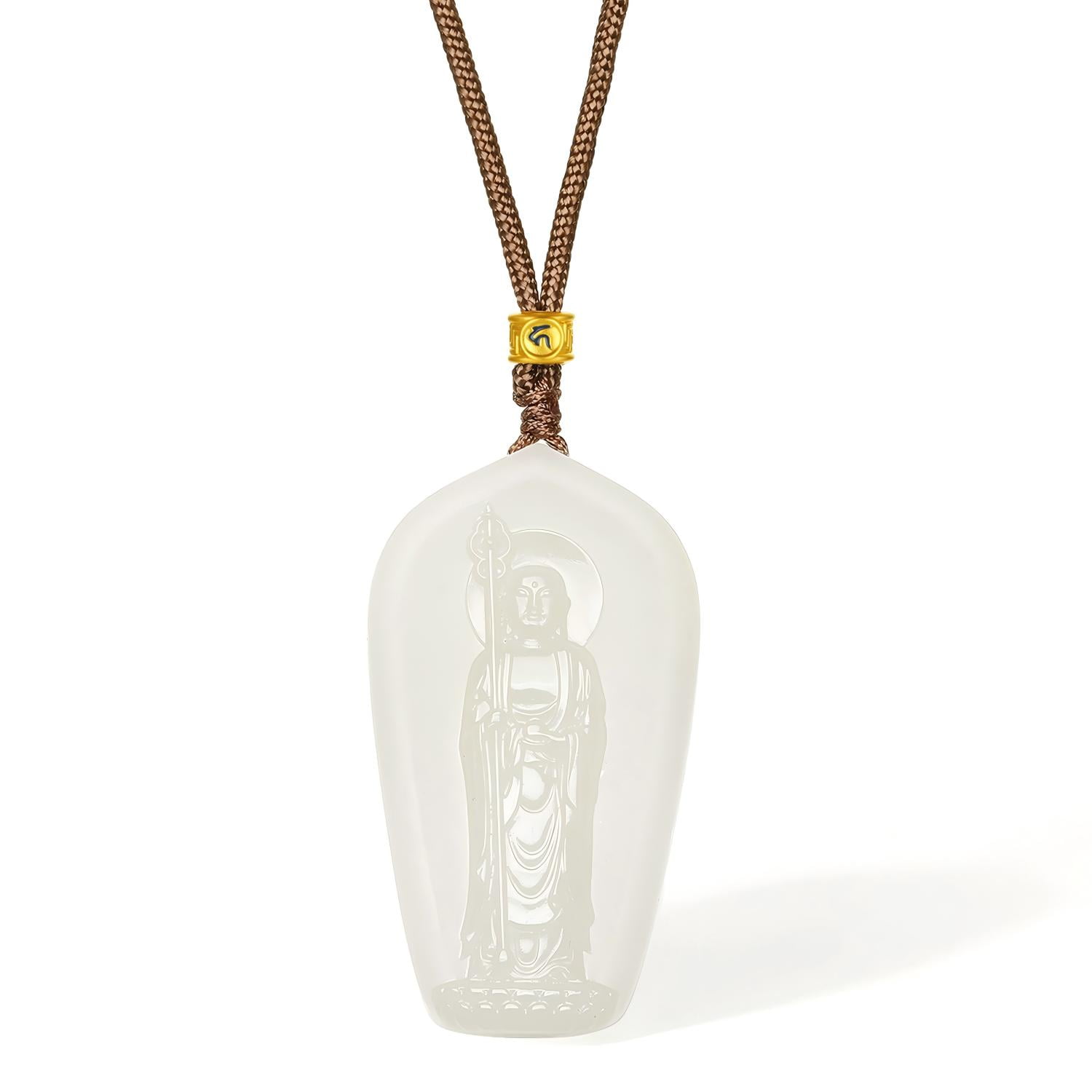 ZHOU LIU FU Nephrite Jade Ksitigarbha Bodhisattva Pendant Necklace - Pure Jade with 24K Gold Sanskrit Bead Feng Shui Amulet Jewelry for Women Men