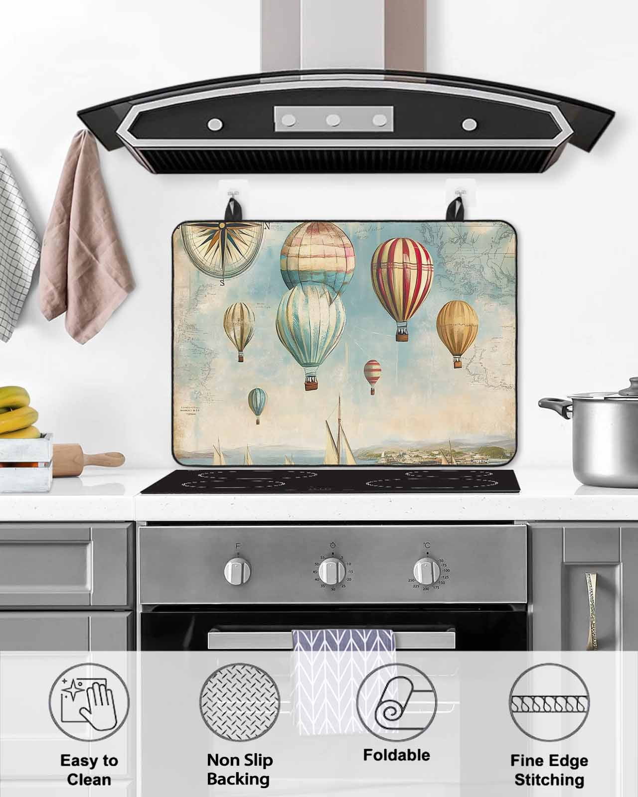 nqOlkjepod Large Induction Cooktop Protector Mat 28.5"x20.5", Nautical Boats Blue Stove Top Covers for Electric Stove, Coastal Ocean Vintage Hot Balloons Stove Burner Cover Mats Stove Cover