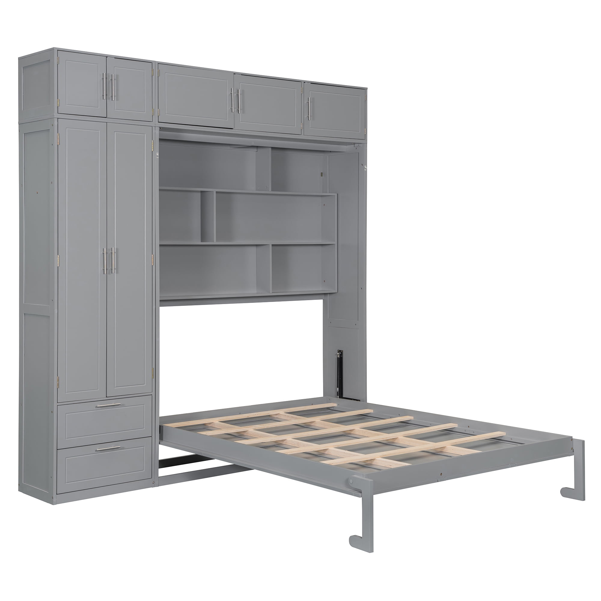 Mintazer Queen Size Murphy Wall Bed with Cabinets & Open Bookshelf, All-in-One Foldable Cabinet Bed with Side Wardrobe & 2 Storage Drawers for Small Apartment Guest Room Home Office, Gray