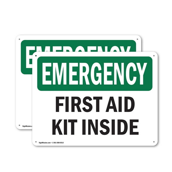 (2 Pack) First Aid Kit Inside OSHA Emergency Sign 14 Inch X 10 Inch Indoor / Outdoor Rust-Free Aluminum Metal Signs for Workplace, Workshop, and Construction Site, Made in the USA