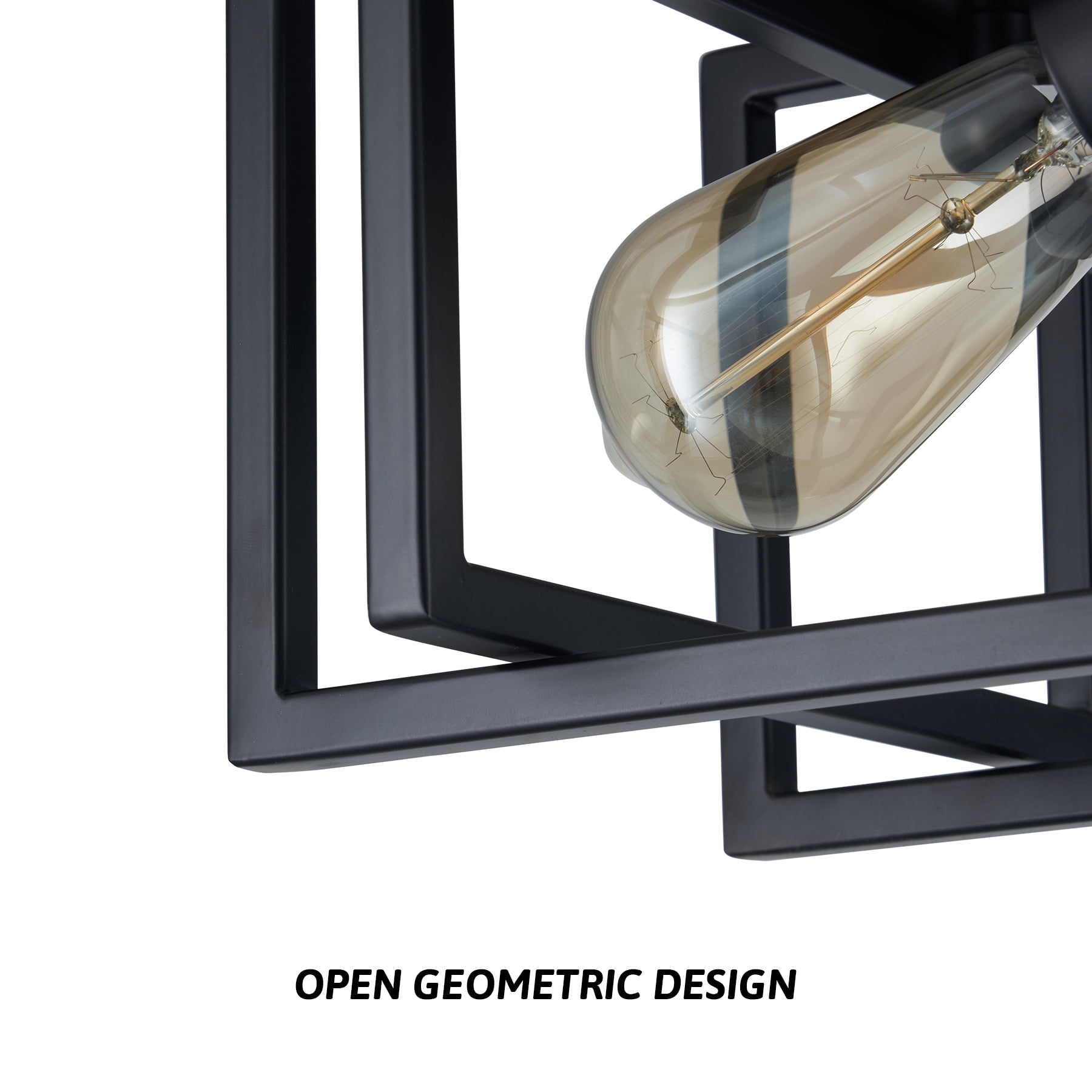 Square Flush Mount Ceiling Light Fixture with Open Geometric Metal Frame for 2 Bulbs up to 40W Each, Matte Black
