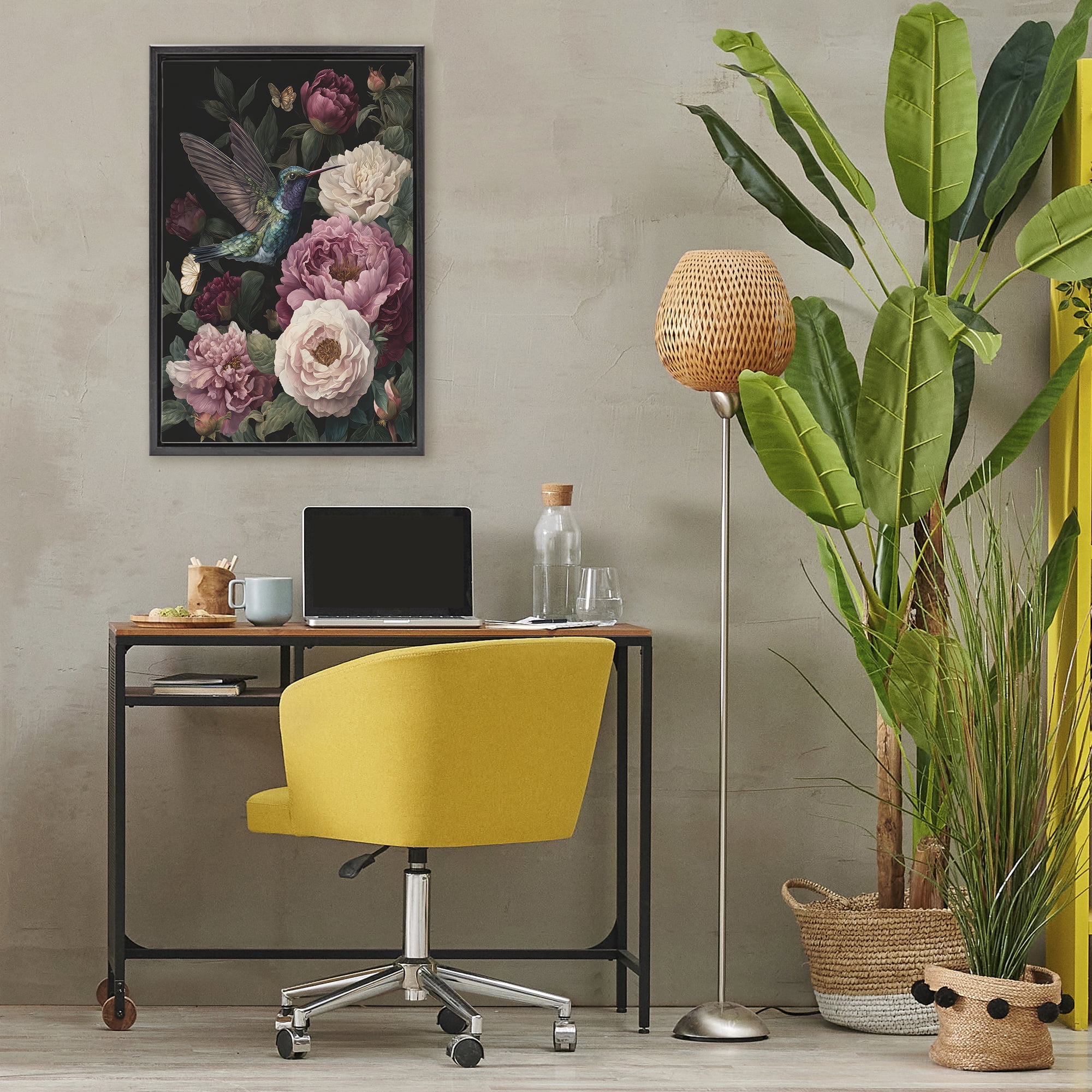 Stupell Industries Hummingbird & Lush Peonies Black Framed Floater Canvas Wall Art, design by The Wands Want