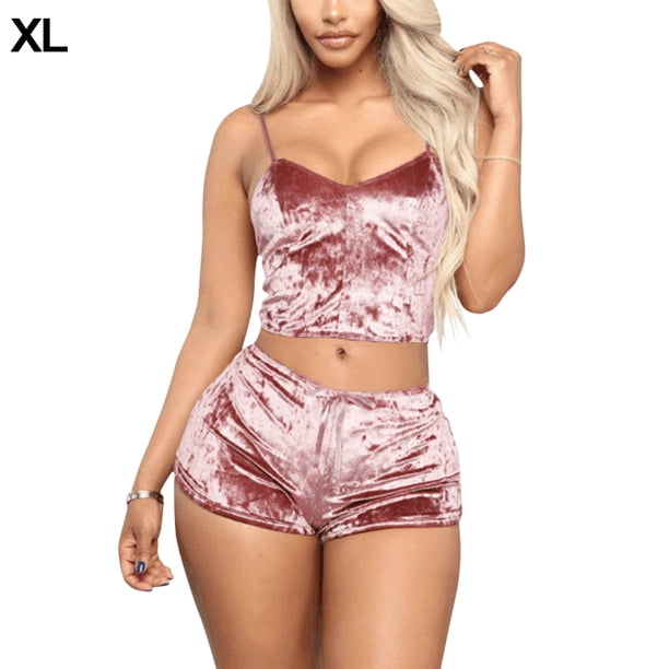 Conjunto de pantalones cortos de terciopelo sexy para mujer, ropa de dormir, ropa interior, lencería, regalo, rosa, XL Scienceny XX000204-12