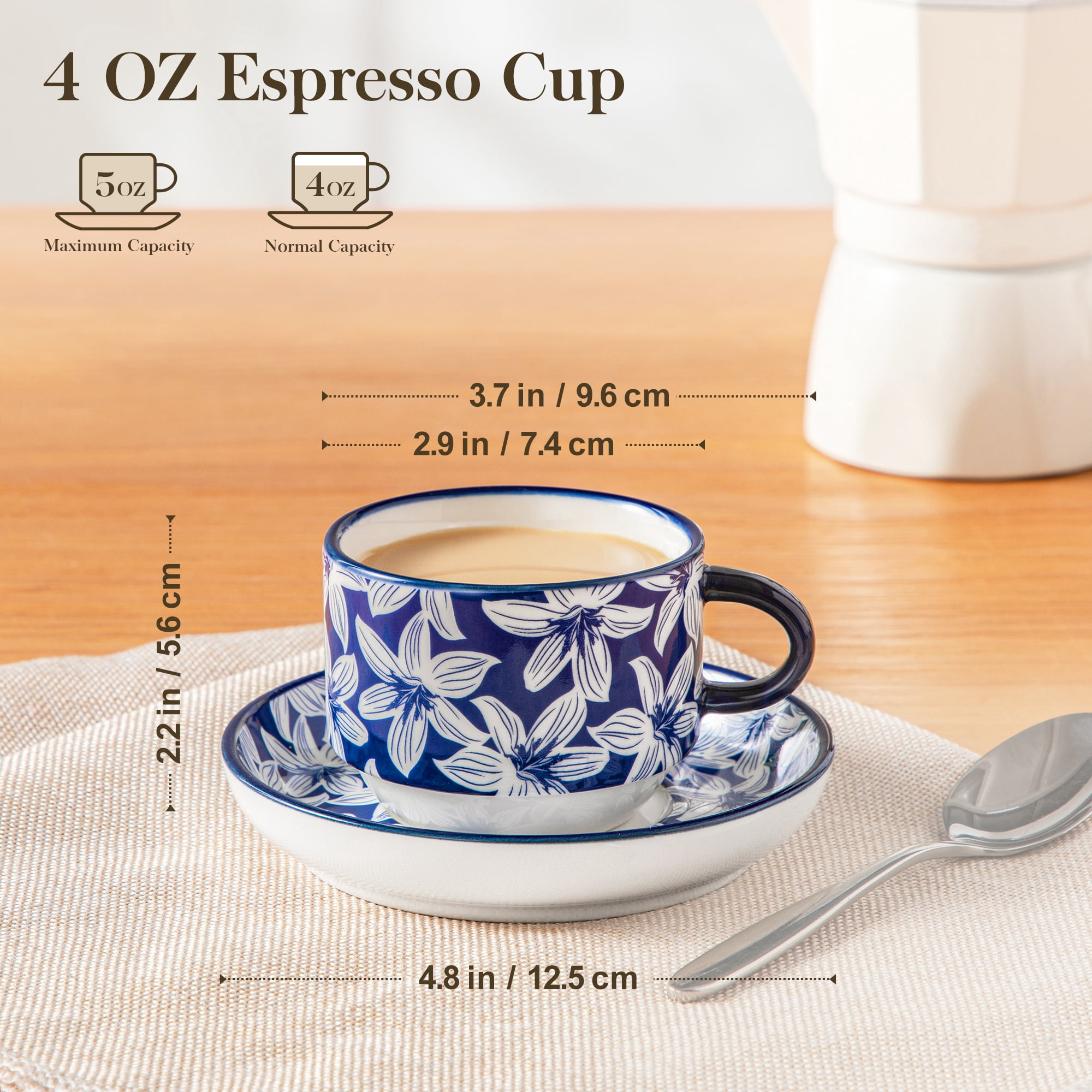 Malacasa Stackable Espresso Cups Set of 6, 4 oz Cappuccino Cups with Saucers and Rack, Coffee Mugs for Specialty Coffee Drinks, Latte and Tea