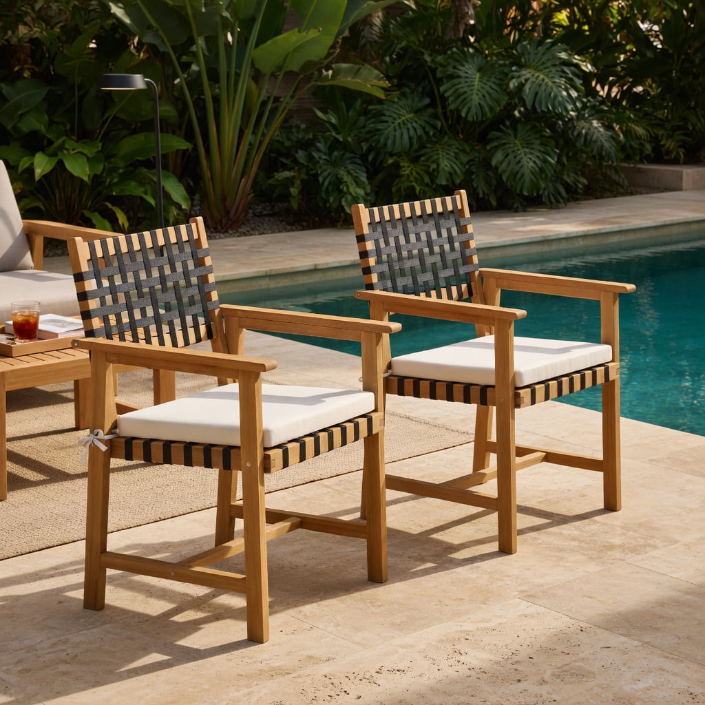 Hommoo 2-Piece Outdoor Dining Chairs Set, Acacia Wood with Woven Rope Back, Curved Ergonomic Design, Detachable Polyester Cushions & Armrests, White