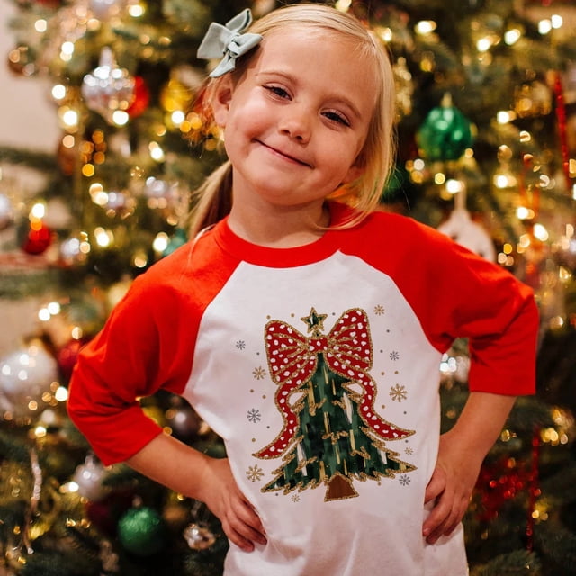Camisetas navideñas con estampado de lazo de árbol de Navidad para niños, camisetas de manga larga raglán para niños y niñas, camisetas gráficas para niños, camisetas para fiestas navideñas, regalos