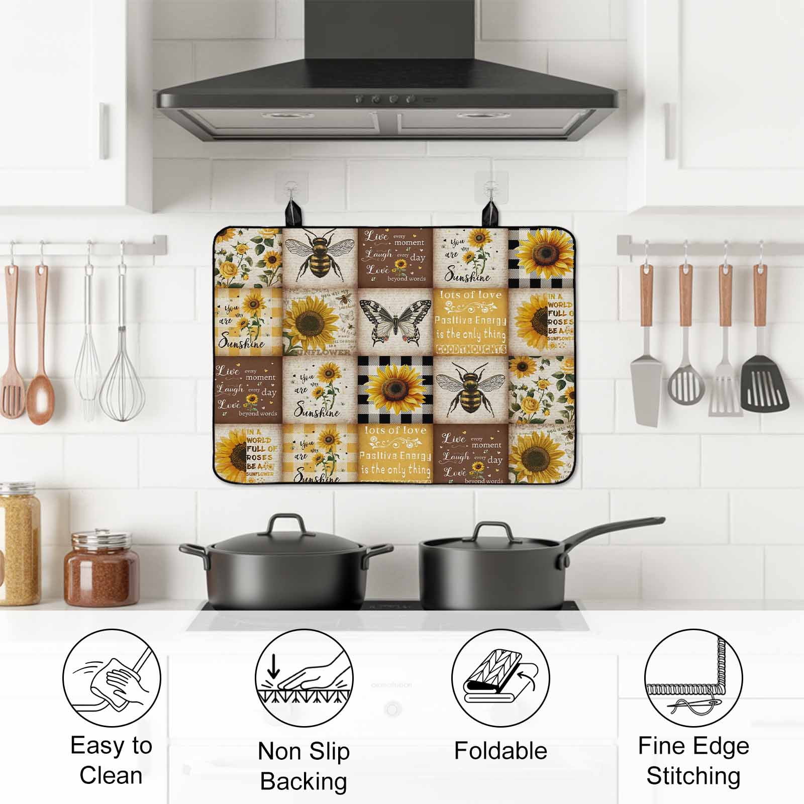 Sunflowers Stove Top Cover for Electric Stove, Heat-proof & Non Slip Glass Top Stove Cover Protector, Retro Country Butterfly Bee Floral Plaid Kitchen Flat Cooktop Rubber Mat 24x21 Inches