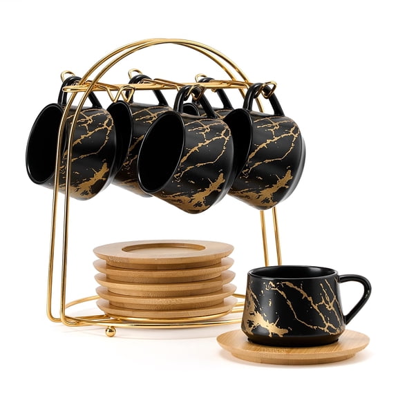 Ceramic Coffee Espresso Cups with Saucers Set with Metal Holder, Porcelain Demitasse Cups For Tea, Espresso, Latte, Coffee, Cafe Mocha, Set of 6