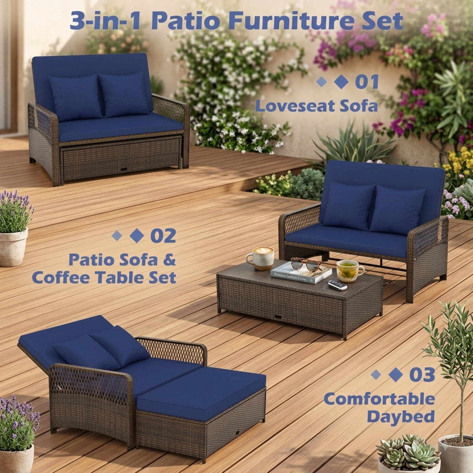 Furnibear Patio Wicker Daybed with 4-Level Backrest, Outdoor PE Rattan Loveseat Sofa & Ottoman Set with Cushions for Backyard Poolside, 800 LBS, Navy