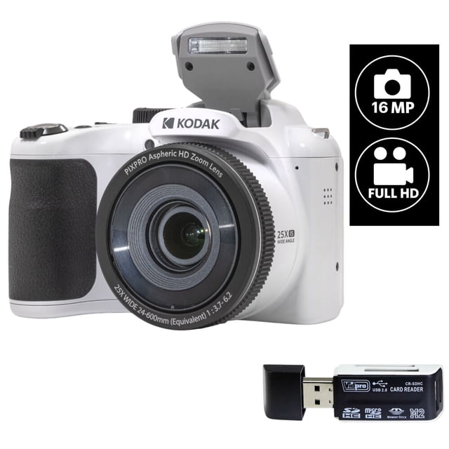 Kodak PIXPRO AZ255 Digital Camera (WHITE) 16MP 25X Optical Zoom 24mm Wide Angle Lens Vlogging Camera Plus a Free Vidpro USB 2.0 Card Reader