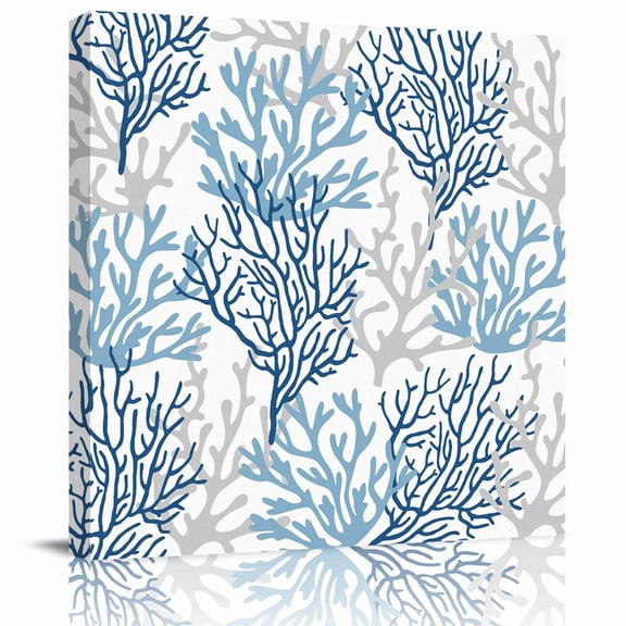 Framed Canvas Wall Art for Living Room Navy Blue Grey Ocean Coral Wall Decor, Summer Marine Life Aesthetic Paintings for Bedroom Office Kitchen Bathroom, Ready to Hang Artwork Wall Pictures 8x8 Inch