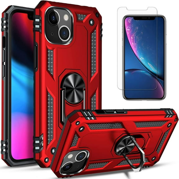 Starshop iPhone 15 case, With Tempered Glass Protector, Drop Protection Ring Kickstand Cover Red