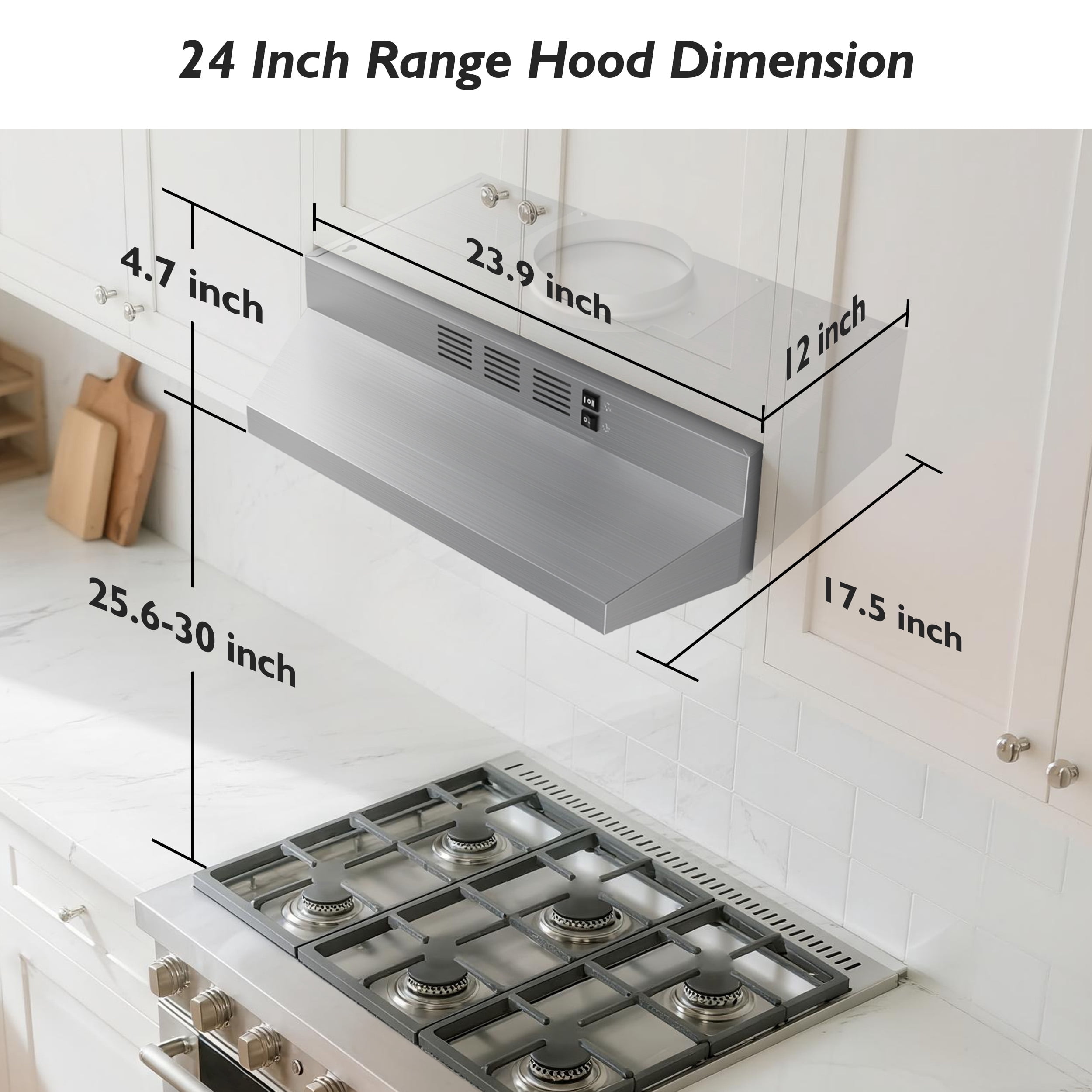 FIREGAS Range Hood 24 inch Under Cabinet Range Hood with 2 Speed Exhaust Fan, 290 CFM,Stainless Steel