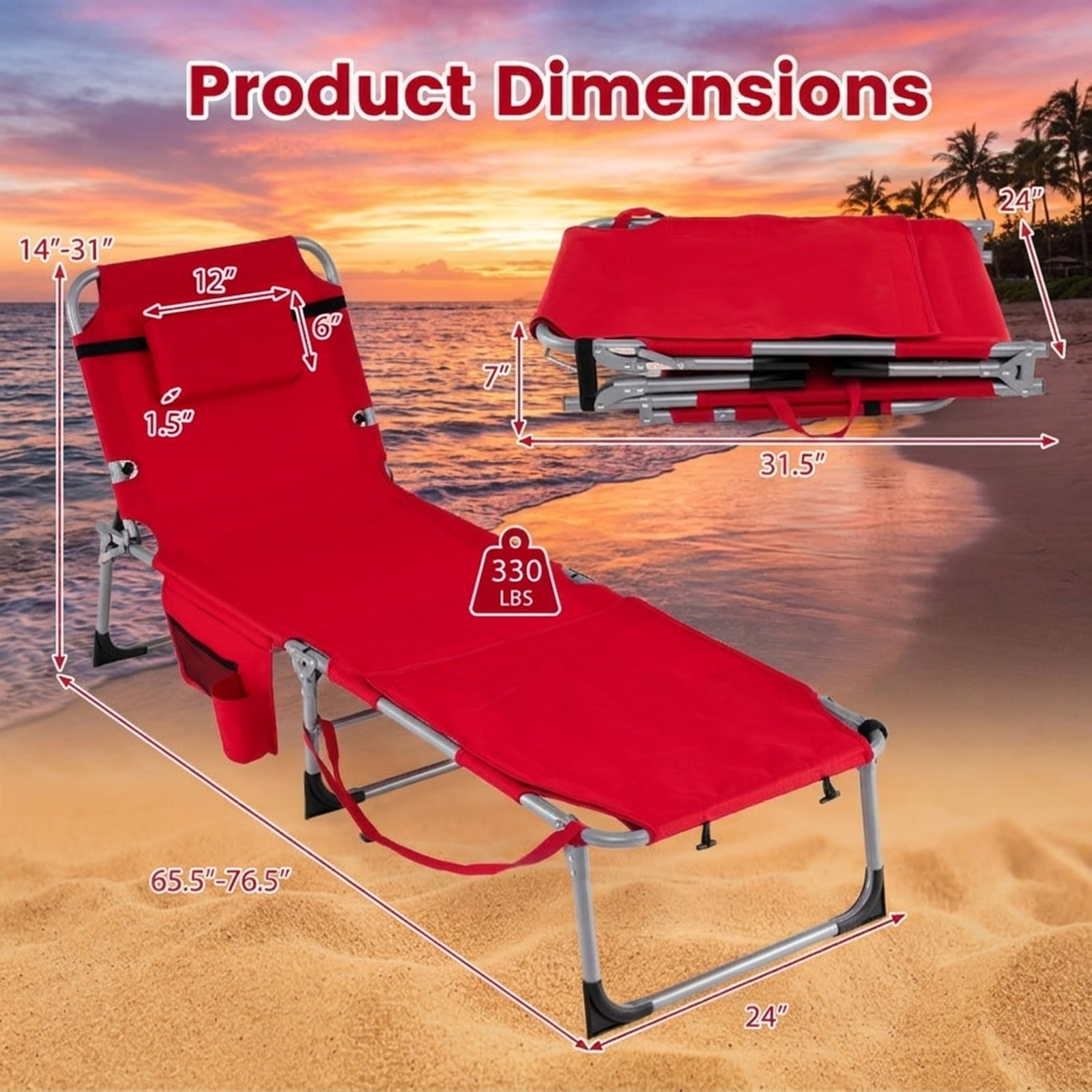 Furnibear Tanning Chair with Face Arm Holes Portable Sunbathing Chair with Adjust and Insert Backrest, 500D Oxford Fabric, Side Pocket and 330 lbs Capacity, Red