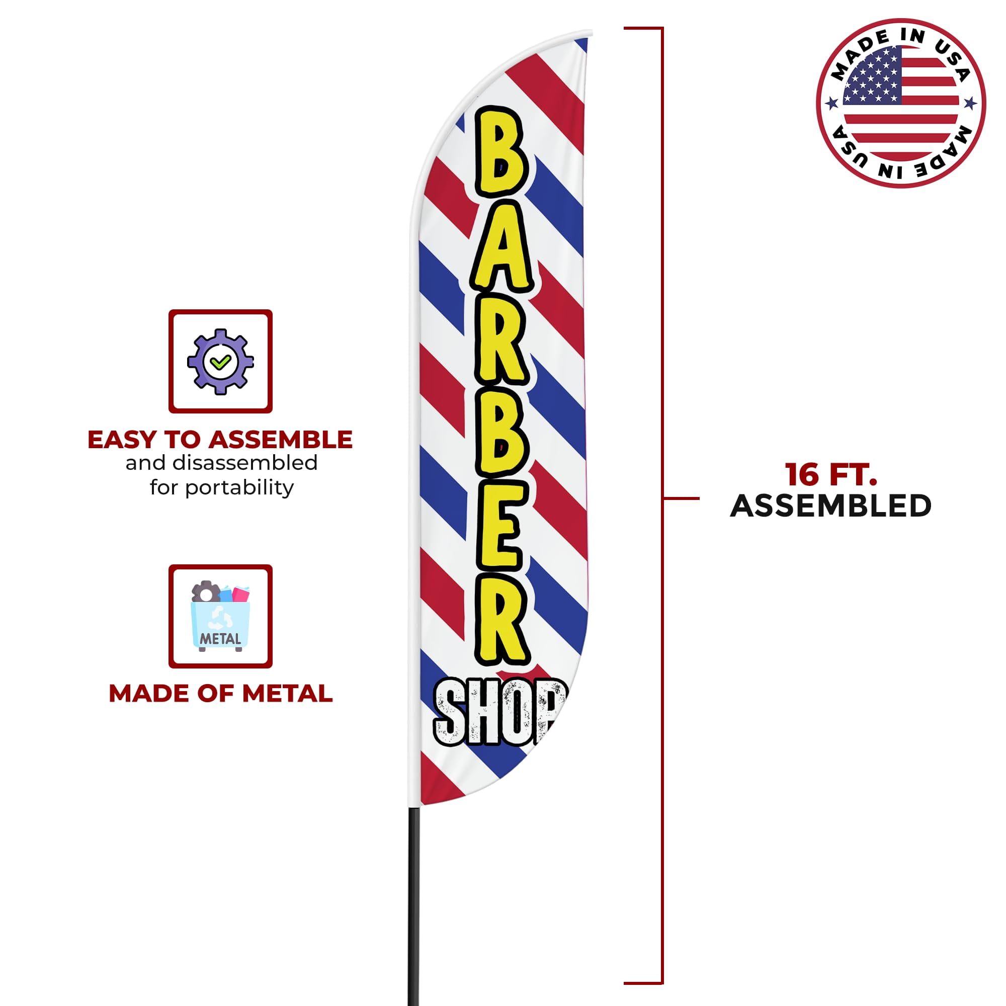 Barber Shop Sign feather flag for Outdoor by Mavis Print | 11.5 FEET Long Polyester Outdoor Banner Flag for Easy Hang | HD Print Swooper I Flag Only for Salon Advertising | Made in USA I Flag Only