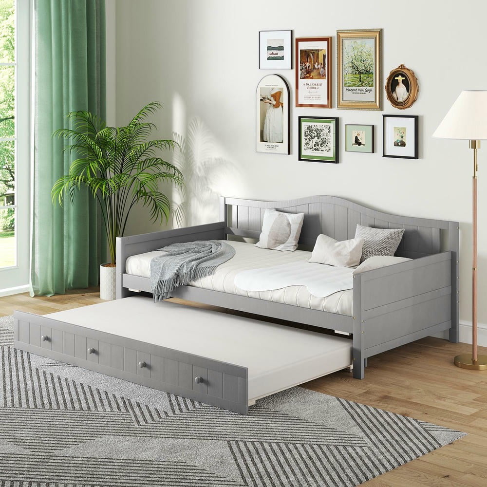 Barara King Twin Size Bedroom Trundle Bed Frame with Trundle and Slats Support on Wheels, Bed Platform Frame for Bedroom, Apartment, Gray
