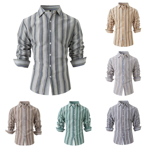 Hinvhai Mens Linen Cotton Striped Long Sleeve Dress Shirt Casual Button Down Shirt Yellow 14(XL)