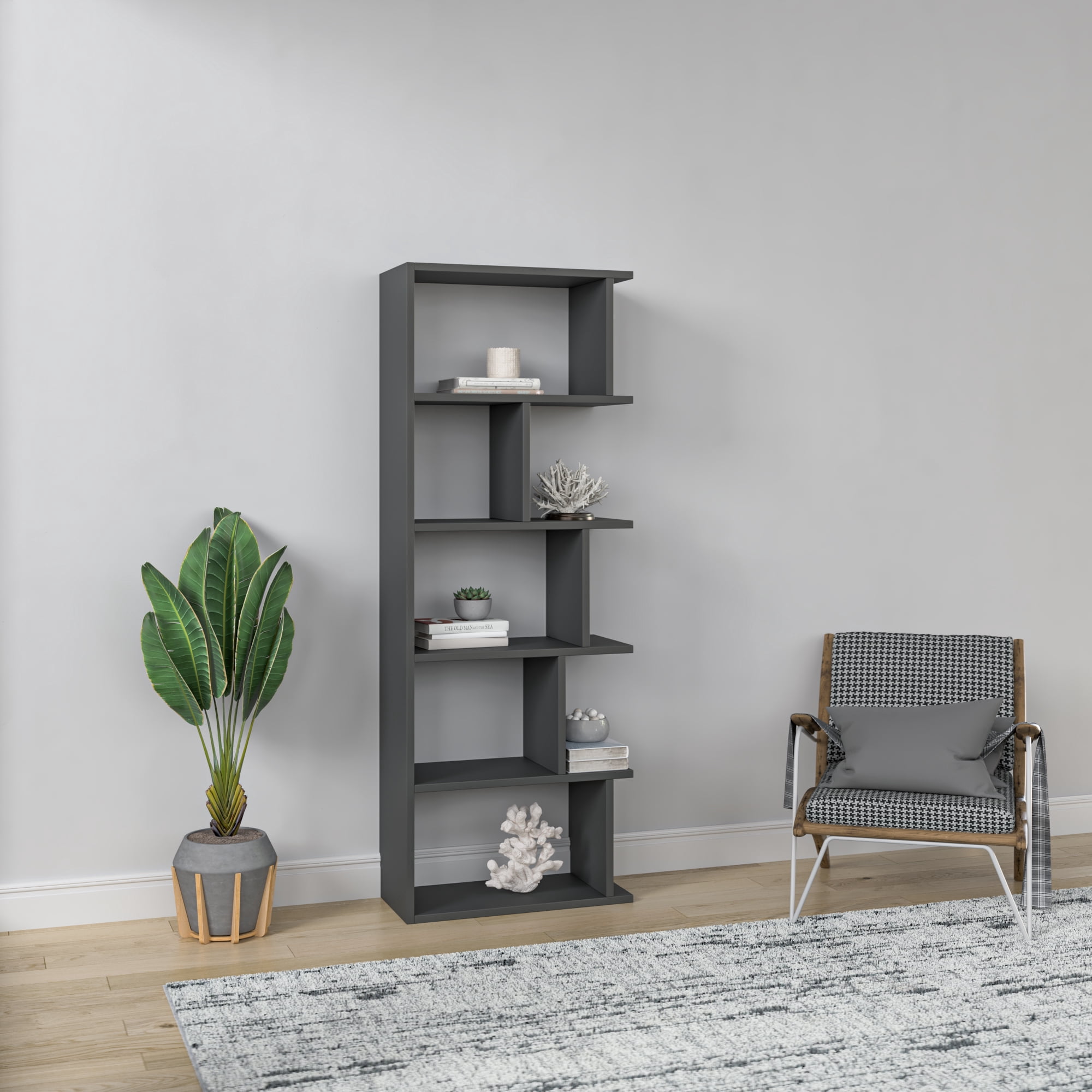 Ada Home Decor Bayside Multiple Tier Open Shelf Modern Bookcase, Anthracite