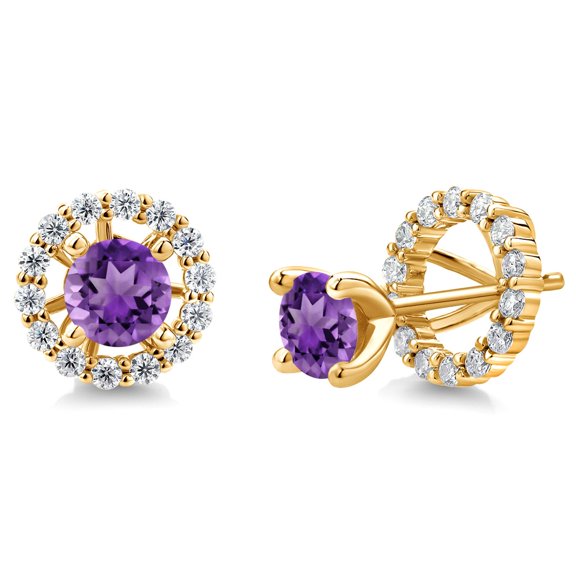 Gem Stone King 18K Yellow Gold Plated Silver Women Stud Earrings with Removable Jackets Round Amethyst and Moissanite (1.37 Cttw)