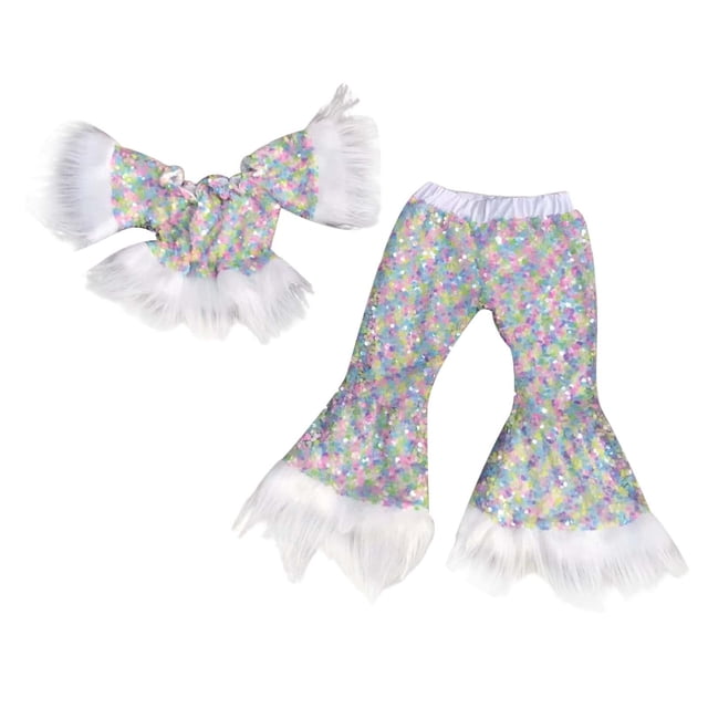 Girls Outfits & Set - Sequin Suit Pageant Top and Glitter Flare Pants for Birthday Parties
