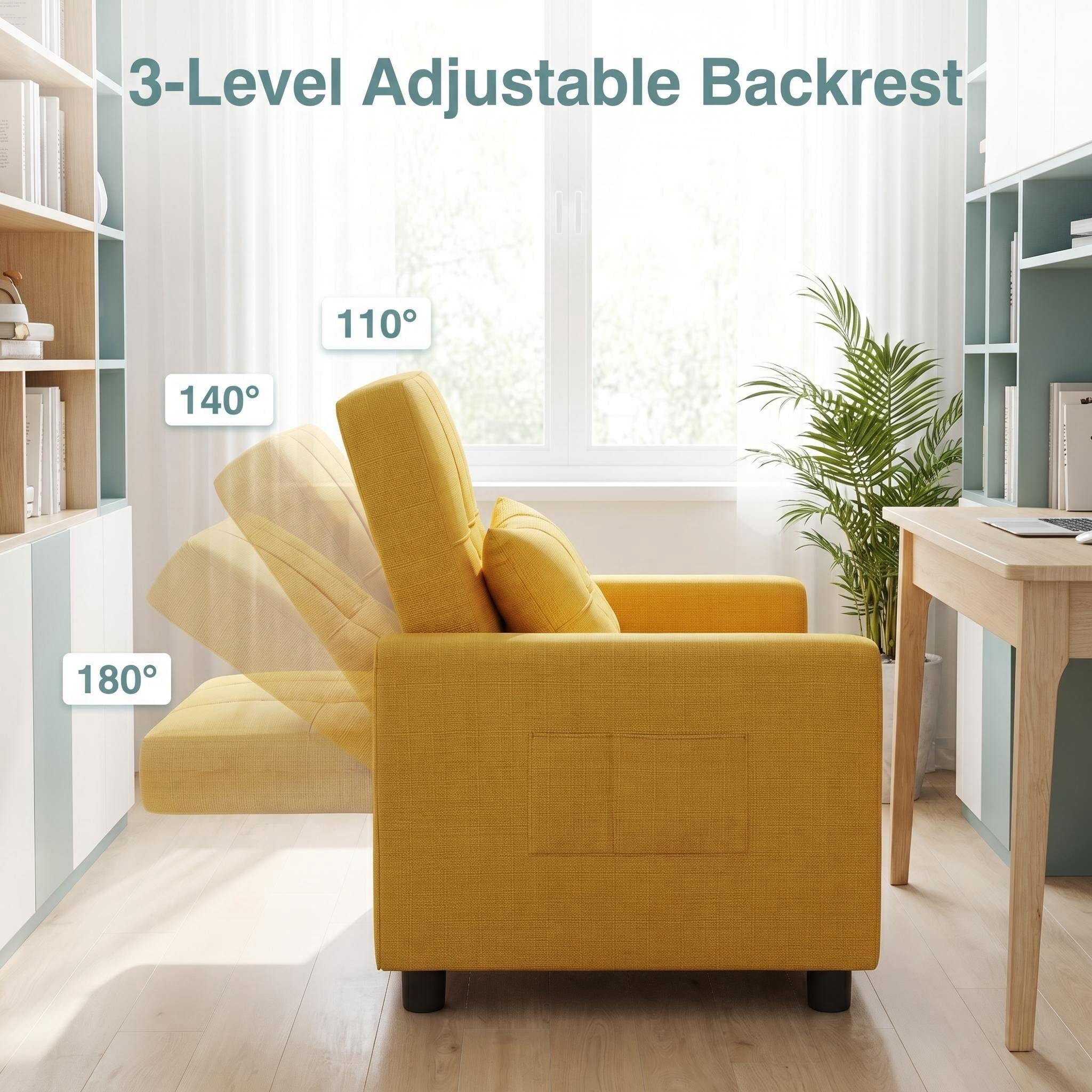Sleeper Sofa, Lofka 3 in 1 Convertible Single Sofa Bed with Adjustable Backrest for Living Room, Bedroom, Yellow