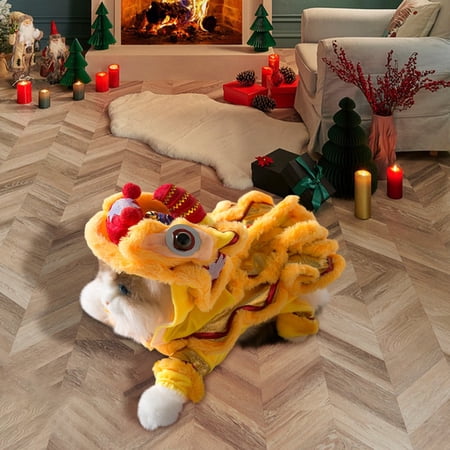 Lion Dance Dog Costosetume for Winter Festive Chinese Lion Dog Costume for Small Dogs & Cats Warm Lion Dance Costume for Dog to Celebrate Lunar New Year Yellow Color Size XXL