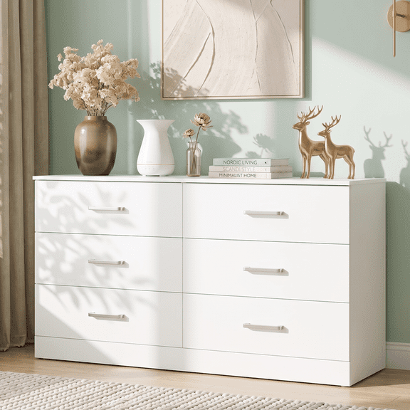Lacoo 6 Drawer Dresser for Bedroom & Living Room, 47'' Double Dresser with Metal Handle, White