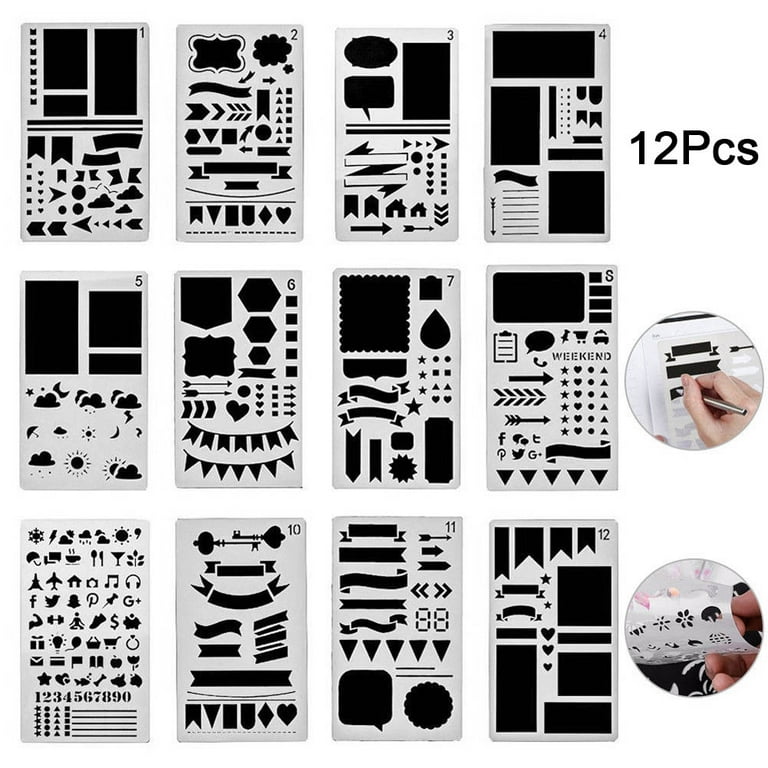 12Pcs Bullet Journal Stencils Starter Set Plastic DIY Crafting
