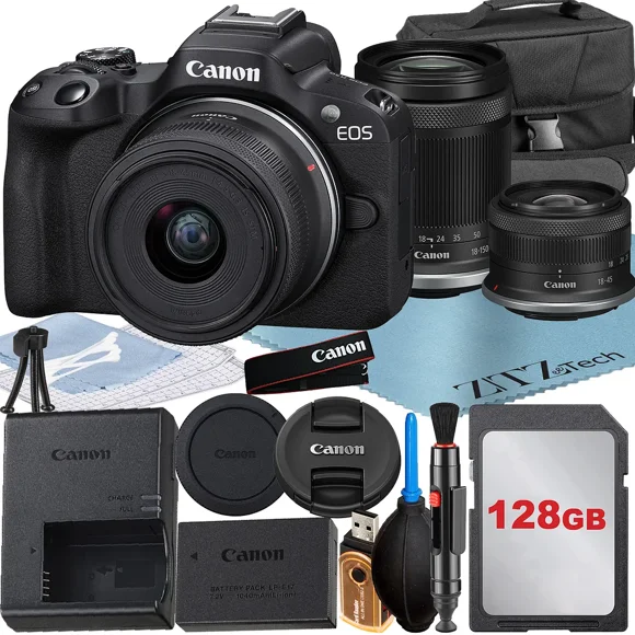 Canon EOS R50 Mirrorless Camera with RF-S 18-45mm + 18-150mm Lens + 128GB Memory Card + Case + ZeeTech Accessory Bundle
