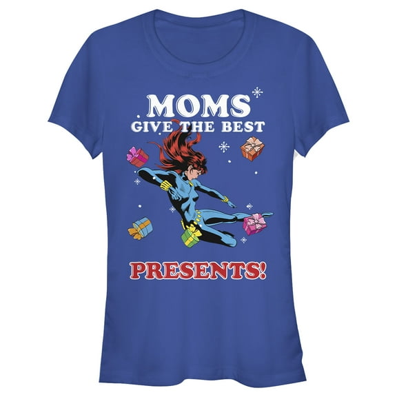 Junior's Marvel Christmas Moms Give Best Widow Presents  Graphic Tee Royal Blue Small