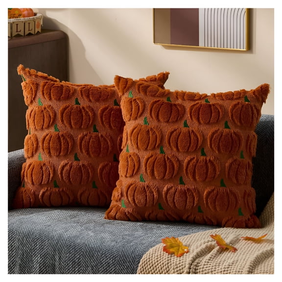 AUQ Fall Pillow Covers 18x18 Set of 2 Fall Decorations Autumn Rust Pumpkin Throw Pillow Cases Soft Plush Faux Fur Wool Couch Cushion Case for Chair Sofa Bedroom Living Room Home Decor