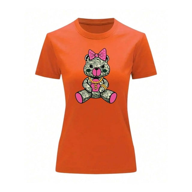Playera Blusa De Osita Con Dolares Ropa De Mujer Juvenil Oso Dinero Color Anaranjado Talla Chica Marca Emil SaEs