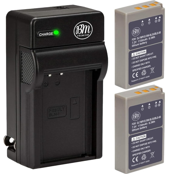 BM Premium 2 Pack BLS-50, PS-BLS5 Battery and Charger for Olympus OM-D E-M5 III, E-M10, E-M10 III, E-M10 IV, E-PL8, E-PL9, E-PL10, Stylus 1 Cameras