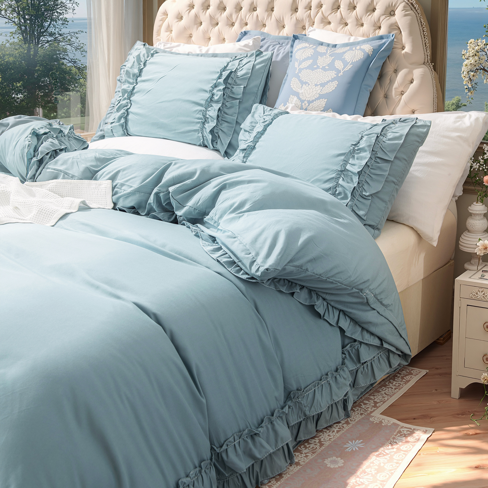 Boho Ruffled Comforter Set Super Soft Cozy Bedding Set with Pillowcases Elegant Chic Bedroom Decor Rustic Farmhouse Quilt Comforter 3 Pcs Set