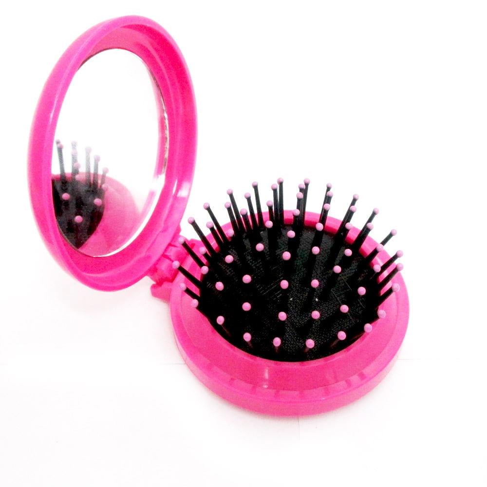 Folding Hair Brush W/ Mirror Compact Pocket Size Travel Car Purse Bag Comb Gifts