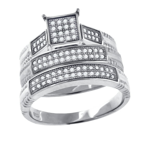925 Sterling Silver His and Hers Cubic Zirconia Square Head Trio Ring Set Size 9 Ring for Women