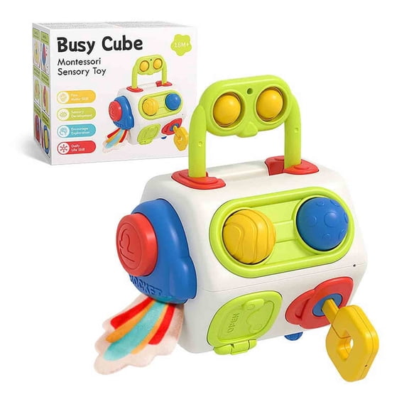 BUTOMKY Montessori Busy Cube Sensory Activity Toy - Travel Fidget Toys for Airplane & Car, Educational Learning Gifts for 1 Year Old Toddlers Boys Girls 6-18  Months