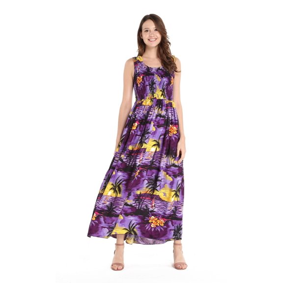 Women's Hawaiian Maxi Tank Elastic Luau Dress in Sunset Patterns