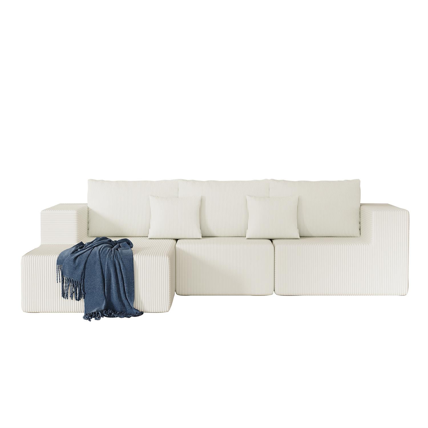 Demi Bonn 108" L-Shaped Modular Foam Sofa with Chaise Lounge, Cloud-Like Comfort Couch, Corduroy Sectional for Living Room, White