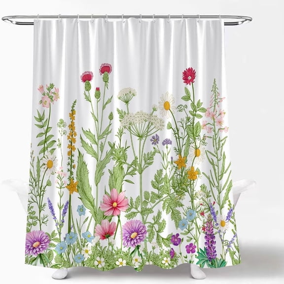 Herb Floral Shower Curtain Green Nature Plants Wildflower Herb Floral Spring Lavender Pink Wisteria Blossom Vintage Farmhouse Botanical Rustic Garden Fabric Bath Curtain with Hook