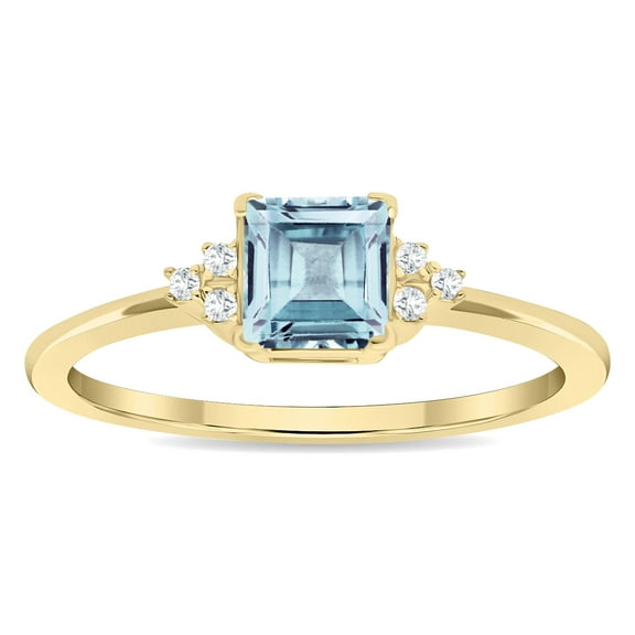 SZUL Women's Square Shaped Aquamarine and Diamond Half Moon Ring in 10K Yellow Gold