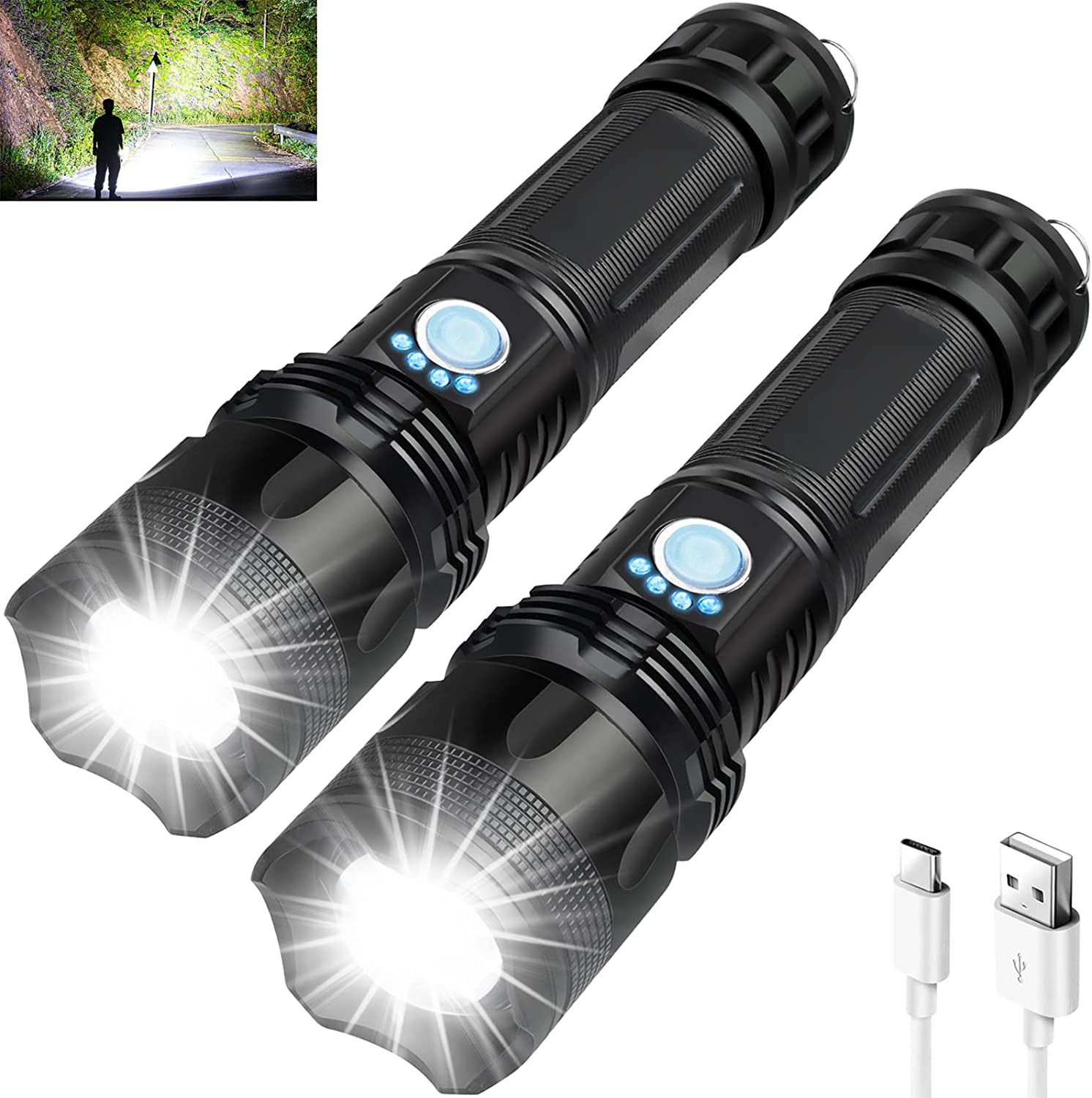 2 Pack Rechargeable Flashlights High Lumens, 10000 Lumen Super Bright Flashlight, XHP70 Powerful
