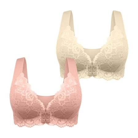 Crunowin Women s Plus Size Bra 2 Pack  Traceless Breathable Comfort Sexy Lace Full Coverage Front Open Buckle Daily Underwear Beige XXXL
