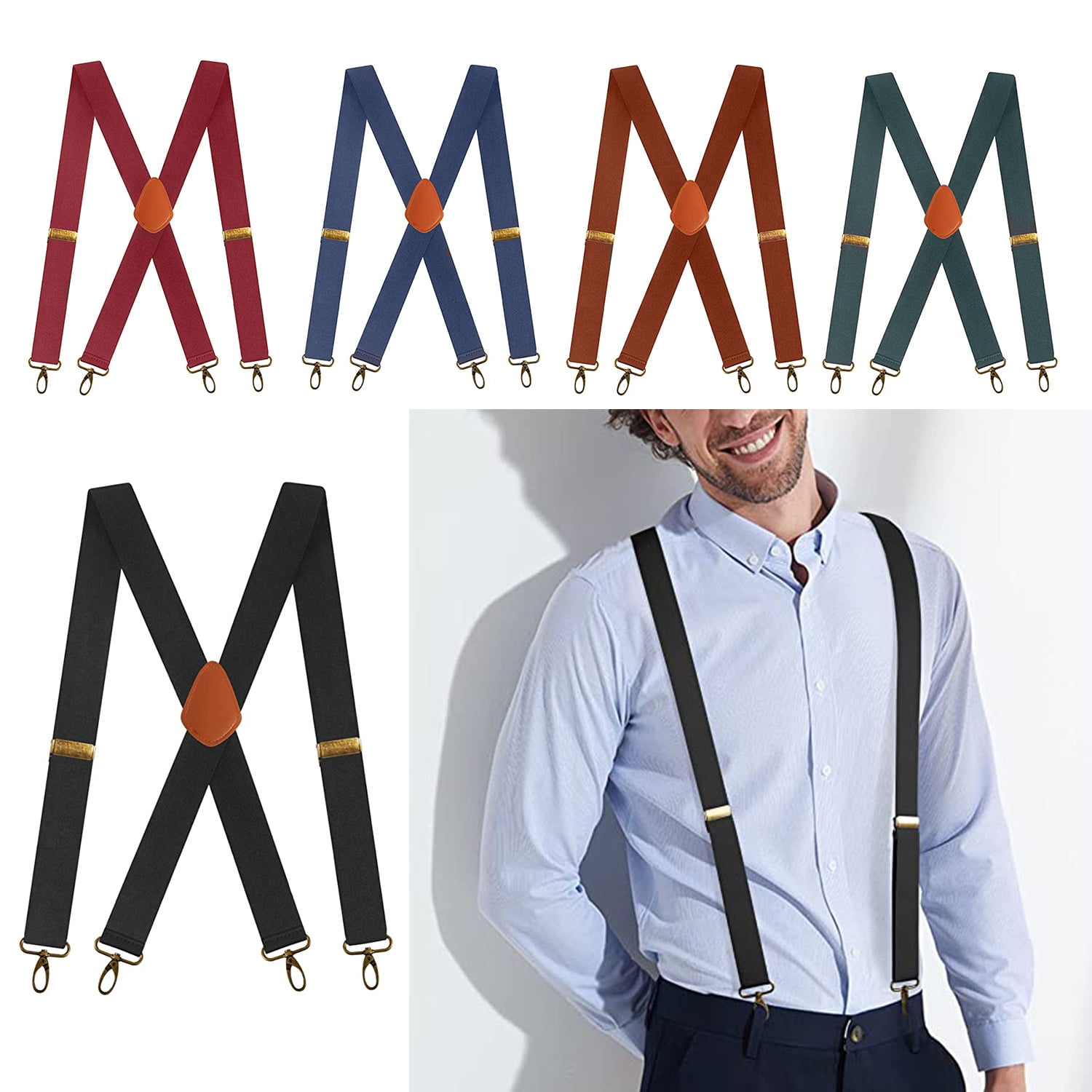 Button Suspenders Faux Leather Elastic Retro 6 Hole Braces Belts Navy Lot of 10 