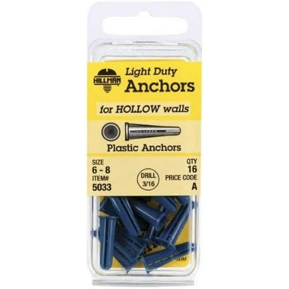 Hillman Plastic Anchors Size 6 - 8 X 3/4 " 5 Lb. Blue 16/Pack