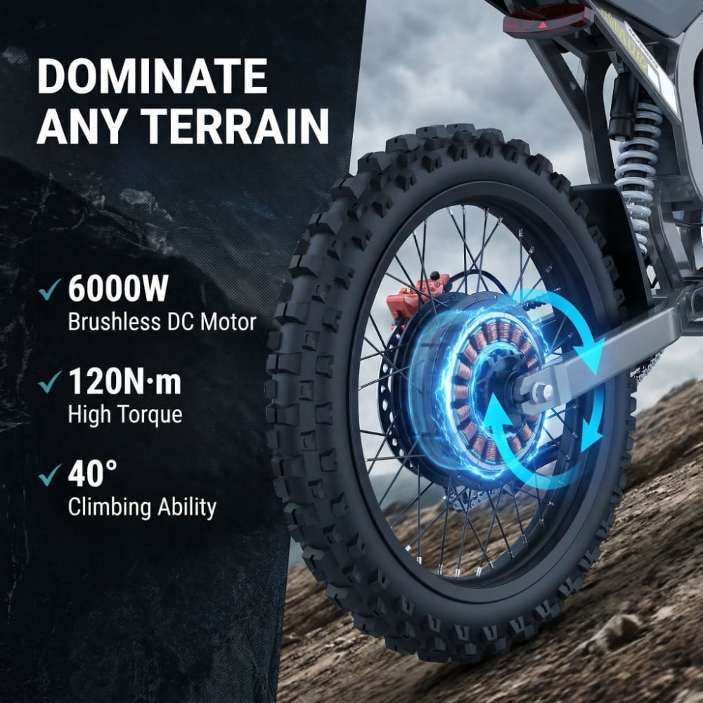 Electric Dirt Bike for Adults, 72V 40Ah, 75 Miles, 6000W Motor, 45MPH