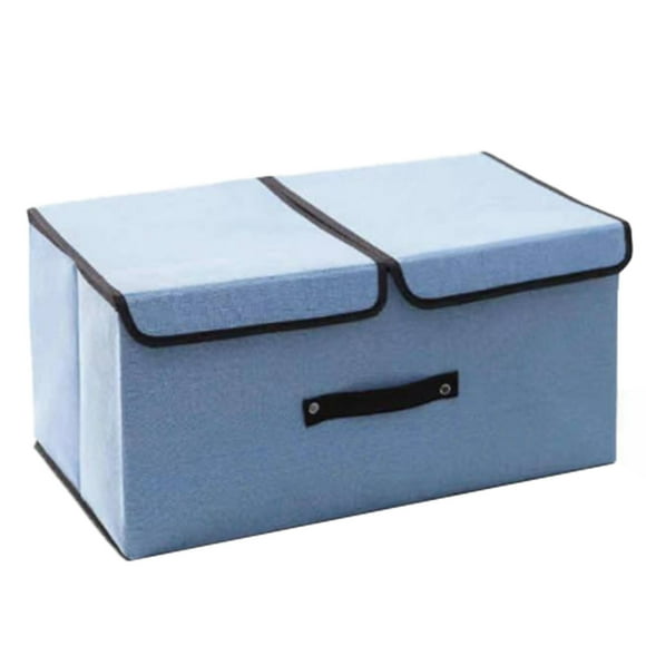 Caja de almacenamiento de lino de algodón con doble tapa, caja plegable de tela para artículos diversos, caja de almacenamiento de ropa interior para dormitorio, color azul mediano