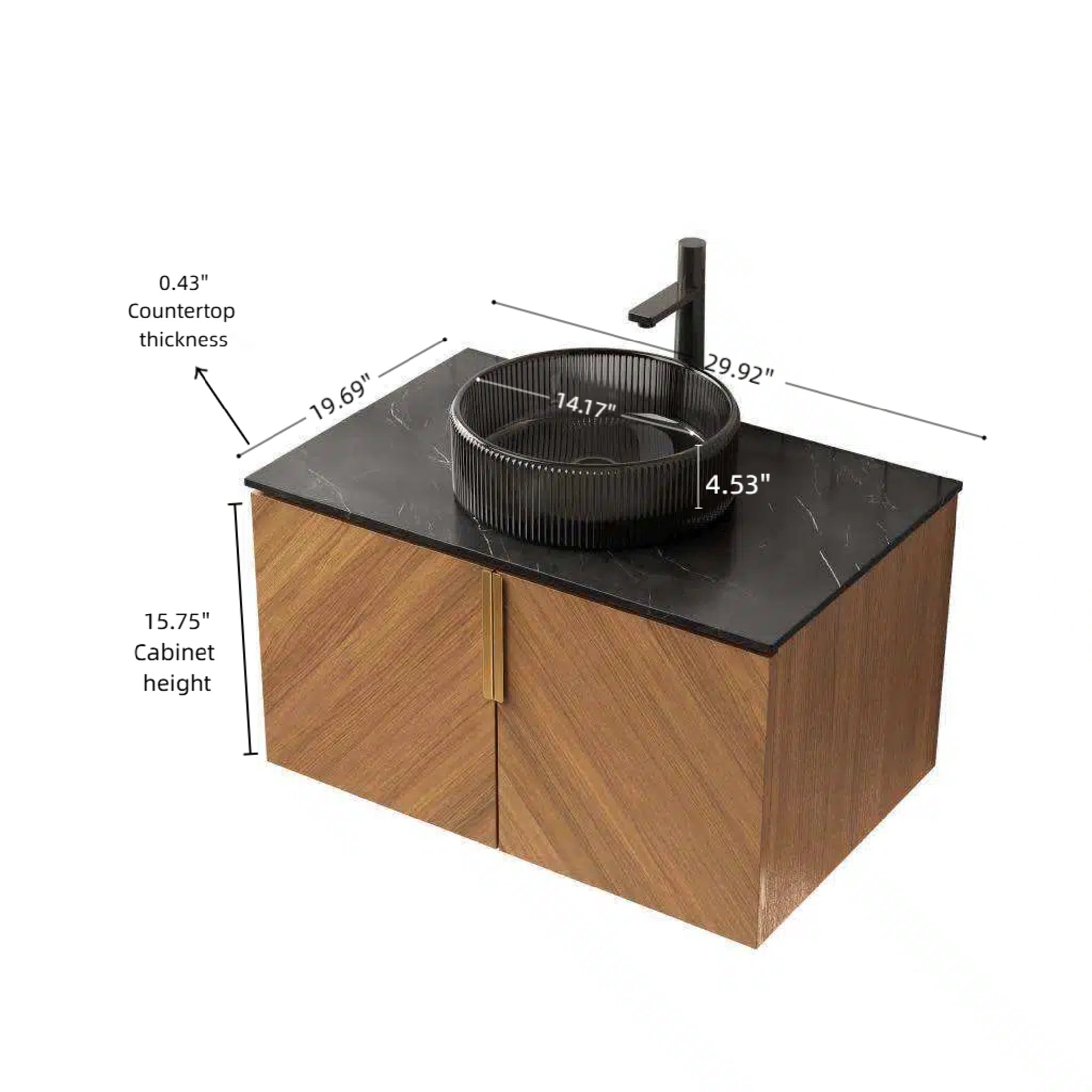 Noble House ARAI 30" Floating Plywood Bathroom Vanity, Sintered Stone Top Cabinet with Black Glass Round Vessel Sink, Oak