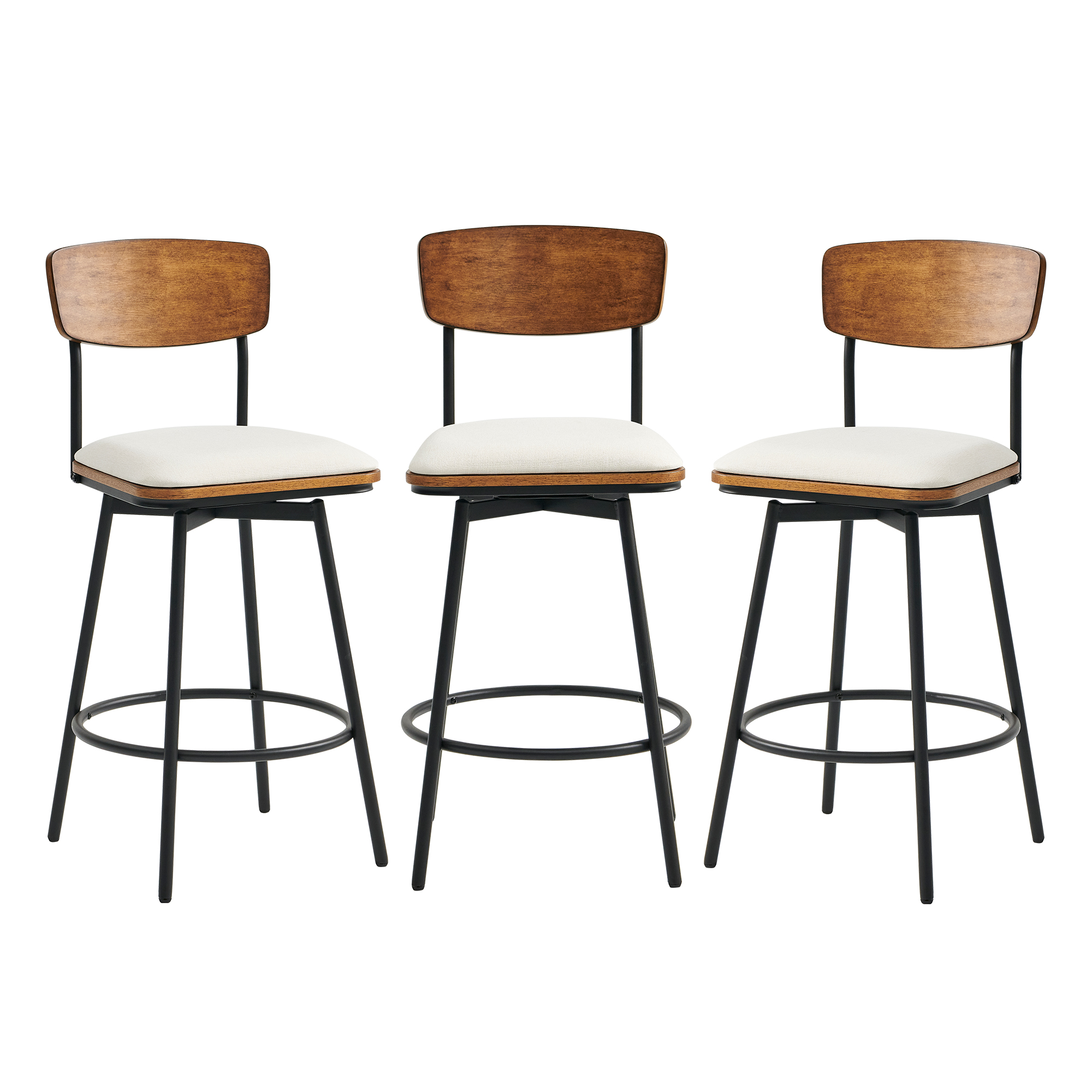 Spruce & Spring Counter Height Swivel Bar Stool with Wood Back and Metal Base Set of 3, White, Fabric